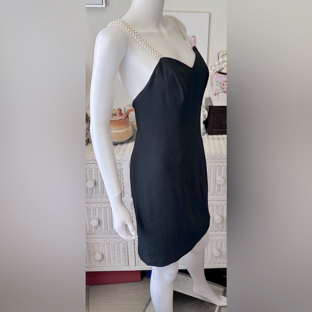A•B•S  Evening Collection Vintage 90s Mini Dress Faux Pearl Straps Black Size 4